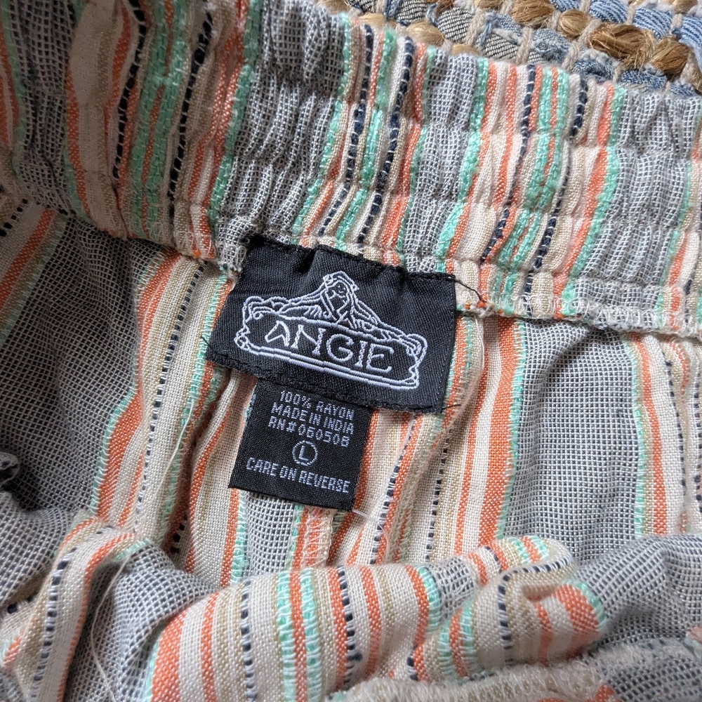 Striped Rayon Boho Shorts L Elastic Waist Drawstring Beachy Festival Resort Sage - Picture 8 of 9